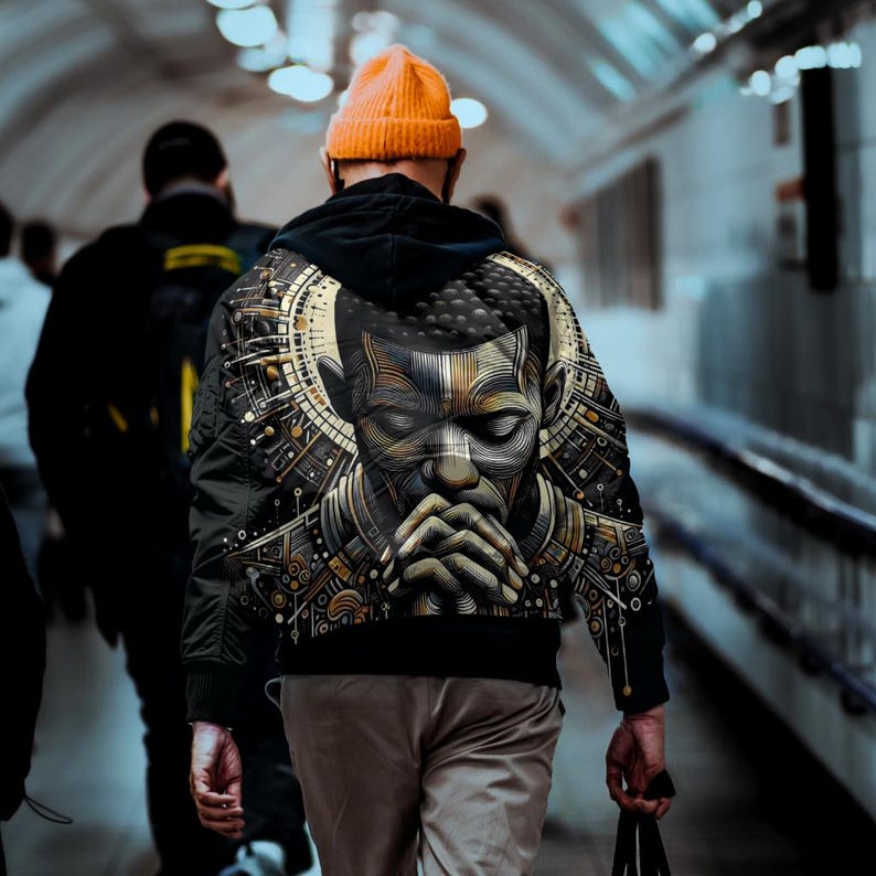 May include: A black bomber jacket with a graphic print of a person's face with geometric patterns in gold and brown. The person is wearing a black hoodie and a bright orange beanie.