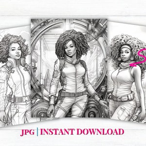 May include: Three black and white illustrations of women with curly hair in a futuristic setting. The women are wearing different outfits and have different expressions. The illustrations are in a comic book style.