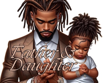 Peut inclure: Une illustration numérique d'un père et de sa fille, tous deux avec des dreadlocks, priant les mains jointes. Le père porte un costume marron et la fille porte une chemise blanche et un jean bleu. Le texte "Father & Daughter" est écrit dans une police décorative.