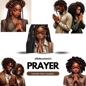 K&ouml;nnte beinhalten: Digitale Illustrationen von betenden schwarzen Menschen. Die Bilder zeigen Einzelpersonen und Paare, alle mit geschlossenen Augen und gefalteten H&auml;nden. Das Wort "PRAYER" wird zusammen mit dem Text "women men couples" angezeigt.