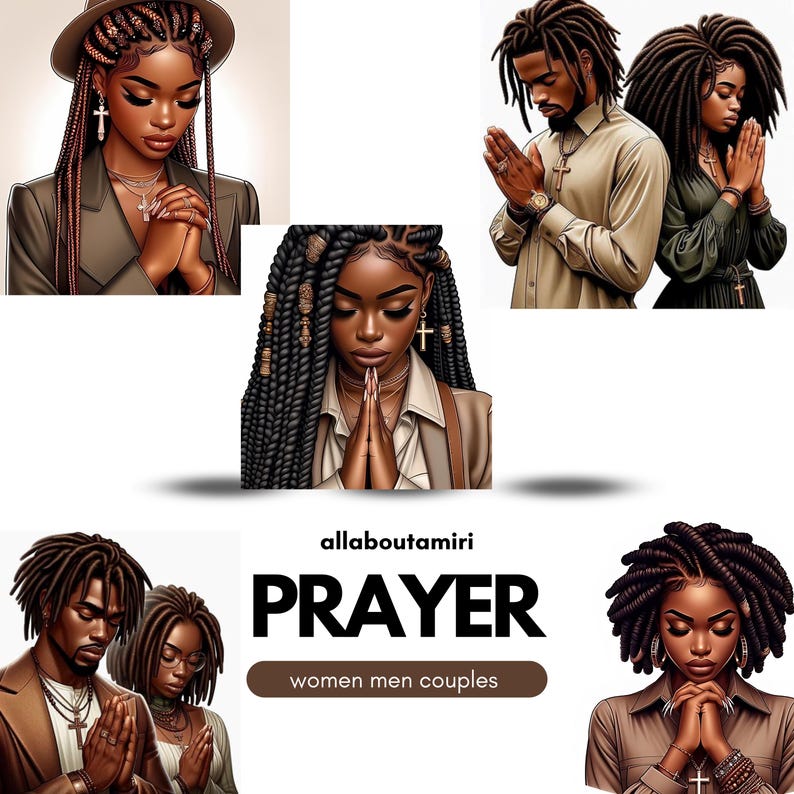 K&ouml;nnte beinhalten: Digitale Illustrationen von betenden schwarzen Menschen. Die Bilder zeigen Einzelpersonen und Paare, alle mit geschlossenen Augen und gefalteten H&auml;nden. Das Wort "PRAYER" wird zusammen mit dem Text "women men couples" angezeigt.