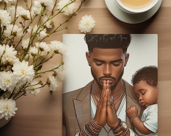 Può includere: Un'illustrazione digitale di un uomo con la barba e un bambino tra le braccia. L'uomo indossa una giacca di abito a quadri marroni e ha le mani giunte in preghiera. Il bambino indossa una camicia bianca e ha gli occhi chiusi. Lo sfondo è bianco.
