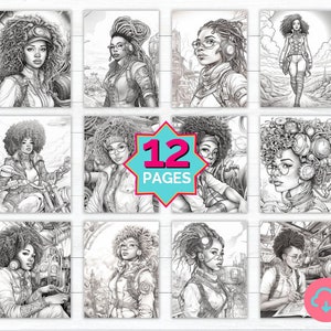Steampunk Cyberpunk Afro Girls Coloring Book Pages - Digital Printable JPG - Futuristic Black Women - Afrofuturism - Unique Adult Coloring