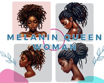 Op de afbeelding: Vier digitale illustraties van zwarte vrouwen met dreadlocks die op verschillende manieren zijn gestyled. De tekst "MELANIN QUEEN WOMAN" wordt in het midden van de afbeelding weergegeven.