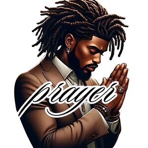 K&ouml;nnte beinhalten: Illustration einer Person mit dunkler Haut, die einen braunen Anzug tr&auml;gt und betet. Das Wort "prayer" ist in Kursivschrift &uuml;ber das Bild geschrieben. Die Person hat Dreadlocks, Ohrringe und Ringe.