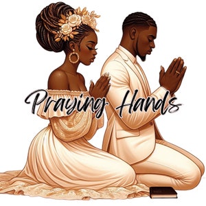 Imágenes PNG de arte espiritual de esposo y esposa con manos en oración - Conjunto de imágenes afroamericanas para sublimación, planificadores y más. 12 regalos de boda PNG.