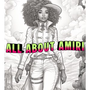 May include: Black and white illustration of a person in a white outfit with the text "ALL ABOUT AMIRI" in green and pink. The person is wearing a hat, jacket, and pants, with a belt and accessories. The background features a cloudy sky and architectural elements.