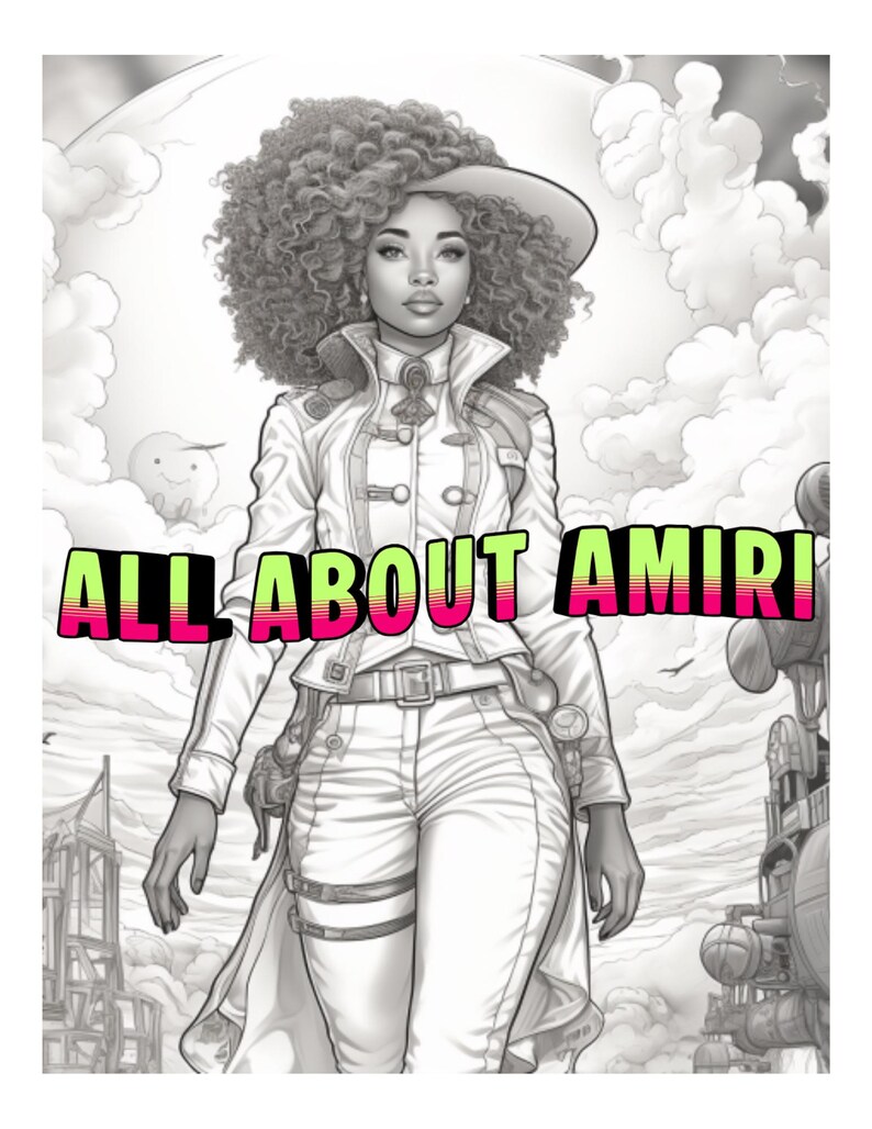 May include: Black and white illustration of a person in a white outfit with the text "ALL ABOUT AMIRI" in green and pink. The person is wearing a hat, jacket, and pants, with a belt and accessories. The background features a cloudy sky and architectural elements.