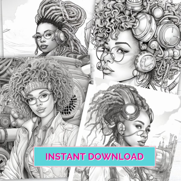 Steampunk Cyberpunk Afro Girls Coloring Book Pages - Digital Printable JPG - Futuristic Black Women - Afrofuturism - Unique Adult Coloring