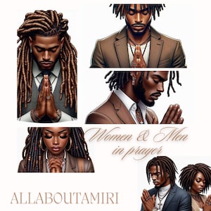K&ouml;nnte beinhalten: Digitale Kunst mit mehreren Portr&auml;ts von Menschen mit gefalteten H&auml;nden im Gebet. Das Bild enth&auml;lt den Text "Women & Men in prayer" und den Markennamen "ALLABOUTAMIRI". Die Portr&auml;ts zeigen Menschen mit Dreadlocks.