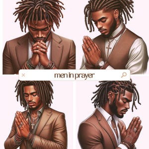 K&ouml;nnte beinhalten: Vier digitale Illustrationen einer Person in einem braunen Anzug mit gefalteten H&auml;nden im Gebet. Die Person hat Dreadlocks und tr&auml;gt eine Kreuzkette und Ringe. Der Text "men in prayer" befindet sich in einer Suchleiste.
