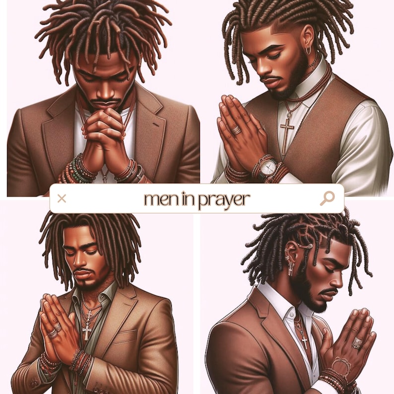 K&ouml;nnte beinhalten: Vier digitale Illustrationen einer Person in einem braunen Anzug mit gefalteten H&auml;nden im Gebet. Die Person hat Dreadlocks und tr&auml;gt eine Kreuzkette und Ringe. Der Text "men in prayer" befindet sich in einer Suchleiste.