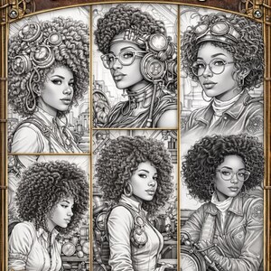 May include: A grayscale illustration of a coloring book cover titled "88 Steampunk Girls Coloring Pages." The cover features six portraits of women with curly hair, steampunk goggles, and clothing. The bottom of the cover reads "Black Girl Steampunk Art."