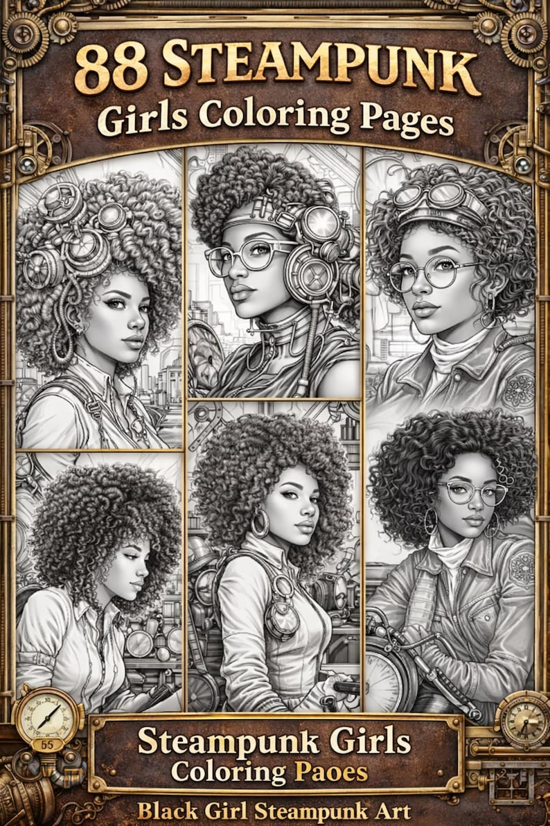 May include: A grayscale illustration of a coloring book cover titled "88 Steampunk Girls Coloring Pages." The cover features six portraits of women with curly hair, steampunk goggles, and clothing. The bottom of the cover reads "Black Girl Steampunk Art."