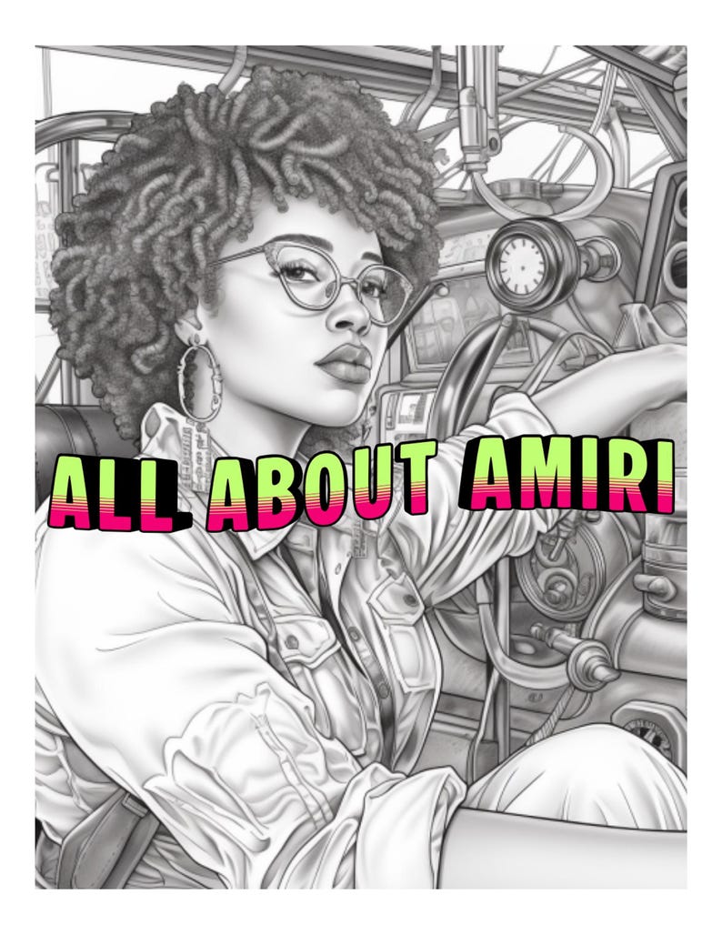 May include: Black and white illustration of a woman with curly hair wearing glasses and a button-up shirt. The text "ALL ABOUT AMIRI" is displayed in a vibrant pink and green gradient. The background features mechanical elements.