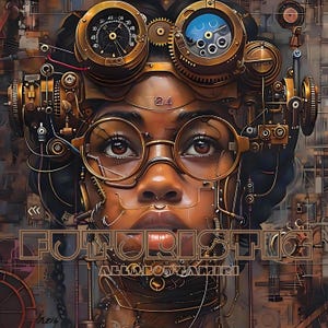 Może przedstawiać: Cyfrowa ilustracja artystyczna osoby o brązowej skórze noszącej okulary steampunk i futurystyczny strój. Okulary są wykonane z mosiądzu i mają tarczę zegara oraz inne koła zębate. Oczy osoby patrzą bezpośrednio na widza. Tło to mieszanka faktur i wzorów.