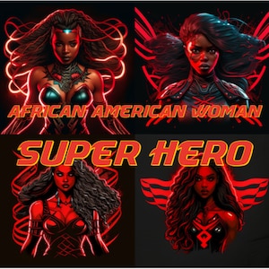 Bundle fête d'anniversaire afrocentrique super femme - 10 fichiers PNG - personnage de bande dessinée super-héros afro-américain en rouge