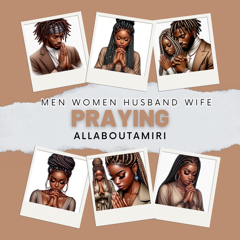 K&ouml;nnte beinhalten: Eine Collage aus sechs Illustrationen von betenden Personen im Polaroid-Stil. Der Hintergrund ist braun. Der Text "MEN WOMEN HUSBAND WIFE PRAYING ALLABOUTAMIRI" ist ebenfalls vorhanden.