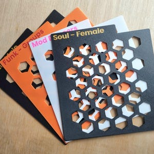 Op de afbeelding: Een stapel lasergesneden kunstwerken in zwart, oranje en wit, met een honingraatpatroon. De stukken hebben de tekst "Soul Funk - Groups", "Mod Groups" en "Soul - Female". De kunstwerken liggen op een houten oppervlak.