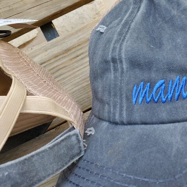 Mama heart, C.C. Brand Criss-Cross, High-pony hat, Custom embroidered, Distressed, Trucker mesh back