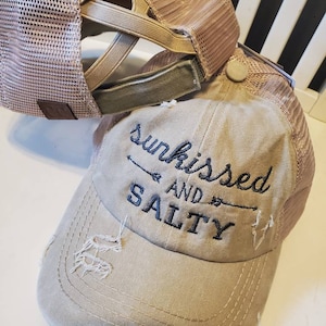 Sunkissed & Salty, C.C. Brand cap Criss Cross high pony hat, embroidered personalize, Distressed Trucker, baseball, Camo