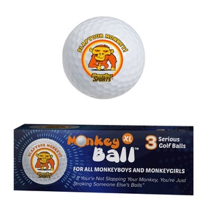 May include: A pack of three oversized golf balls with a monkey graphic and the text "Slap Your Monkey! Monkey Ball XL" on the packaging. The text "3 Serious Golf Balls" is also on the packaging.