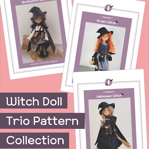 Pode incluir: Uma coleção de três padrões de bonecas de bruxa. Cada padrão apresenta um design diferente de boneca de bruxa: Bookworm Witch, Green Witch e Halloween Witch. Os padrões incluem instruções e padrões em tamanho real.