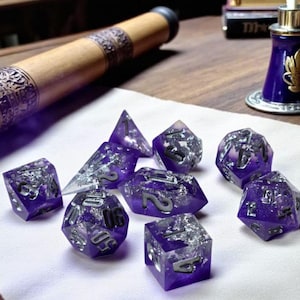 Shards of Serenity | Sharp Edge Resin Dice Set with Silver Leaf Inclusions | Violet Arcane Dice for DnD | Moonveil Relics