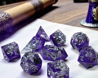 Shards of Serenity | Sharp Edge Resin Dice Set with Silver Leaf Inclusions | Violet Arcane Dice for DnD | Moonveil Relics