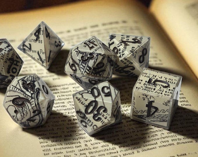 Letters of Fate Dice Set - Sharp-Edge Resin RPG Dice with Ancient Tome Fragments & Golden Runes (7-piece Polyhedral DND Dice)