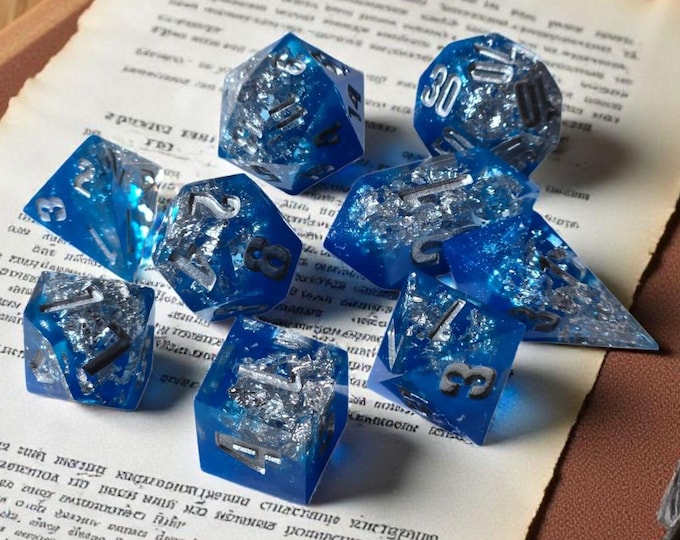 Frostborne Depths Sharp Edge Dice Set - Handmade RPG Dice with Silver Foil, Crystal Shard or Triangle D4 Options