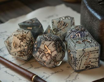 Veilbound Voyage | Sharp Edge Resin Dice Set with Nautical Map Inclusions | DnD Dice Set | Arcane Sea-Themed Polyhedral Dice | Moonveil Reli