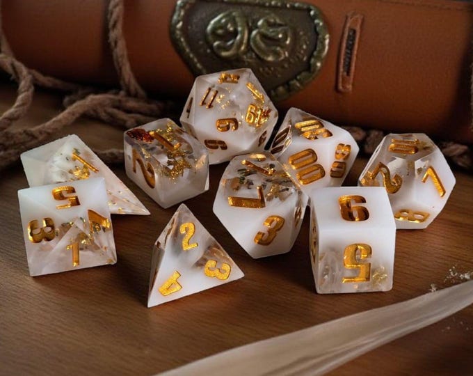 Opulent Winds Sharp Edge Dice Set - Handmade RPG Dice with Gold & Elemental Foil Inclusions