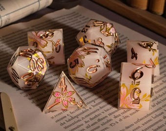 The Philosopher’s Bloom | Sharp Edge Resin Dice Set | Arcane Floral Ivory Gold Polyhedral RPG Dice | Moonveil Relics Handmade DnD Set