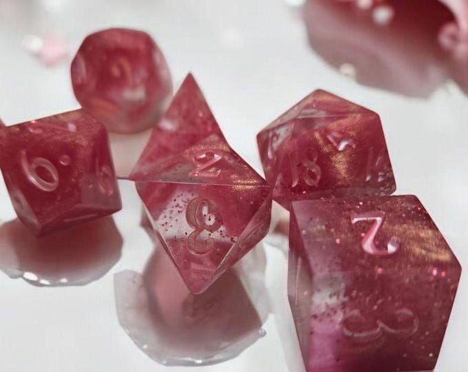 Glassy Rose Blooms, dice set, Sharp Edge Dice set, RPG Dice Set