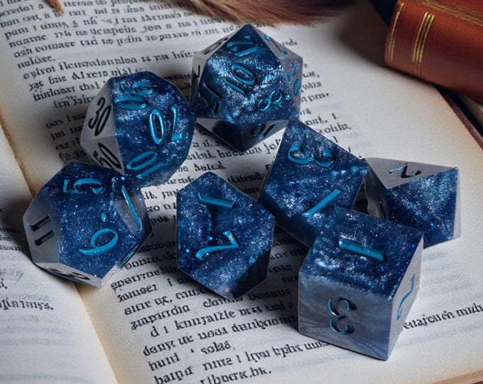 Crescent Throne | Sharp Edge Resin Dice Set | Moonlit Blue Polyhedral Dice for DnD & Tabletop RPG | Arcane Royalty Fantasy Dice | Moonveil R