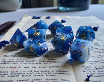 Echoes of the Aether -  Sharp Edge Blue Resin Dice Set with Gold Stars | Handmade Polyhedral DnD Dice | Arcane Celestial Dice gift