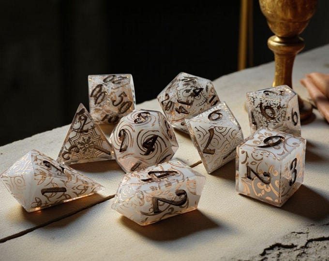Sanctum Shards Dice Set - Sharp Edge Resin Polyhedral Dice with Golden Runes