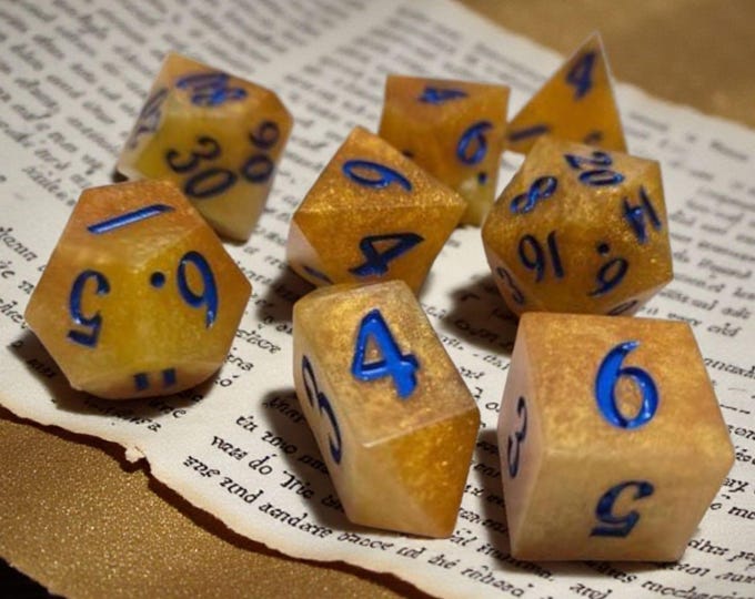 Strength Sharp Edge RPG Dice Set - Yellow Flame & Blue Rune Resin Dice