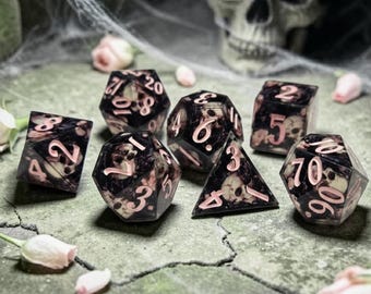 Gravebloom Reliquary | Skull & Rose Sharp Edge Resin Dice | Gothic DnD | Dark Fantasy Polyhedral | Necromancer Dice | Moonveil Relics