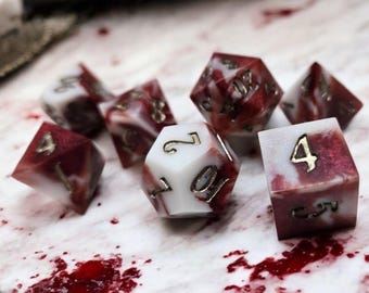 Sanguine Marble Dice Set - Sharp Edge Polyhedral Resin RPG Dice, Red White Gold DnD Dice for tabletop Roleplaying Games