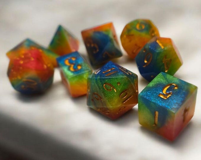 Prismatic Spectrum Orbs, dice set, Sharp Edge Dice set, RPG Dice Set