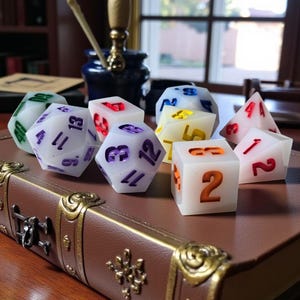 May include: A collection of polyhedral dice in various shapes and colors, including white, green, and yellow. The dice are arranged on a brown leather-bound book with gold accents. Numbers are in red, orange, purple, and blue.