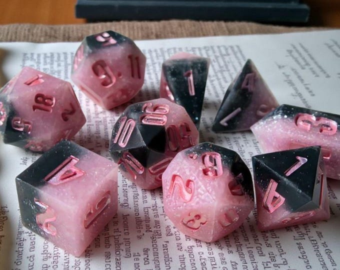 Glimmering Ashen Bloom Sharp Edge Dice Set - Black & Pink Resin Polyhedral RPG Dice for Dungeons and Dragons, Pathfinder, TTRPGs