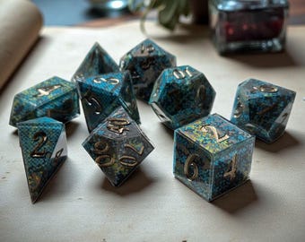 Stormborn Scales Sharp Edge Resin Dice Set - Dragon Scale RPG Dice for DnD, Pathfinder, and TTRPGs