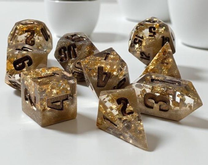 Gilded Aetherforge | Gold Foil Sharp Edge Dice Set | DnD Dice Set | Arcane Alchemist Dice | Moonveil Relics Tabletop RPG Dice