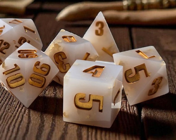 Sanctum of the Ivory Veil | Sharp Edge Resin Dice Set | Ivory & Gold Polyhedral Dice | Spirit-Themed DnD Dice | Moonveil Relics