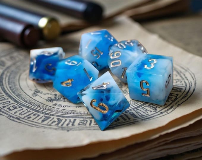 Leviathan Tears Dice Set - Sharp Edge Blue Resin RPG Dice, Ocean Fantasy Polyhedral Dice for DnD, Pathfinder and TTRPGs