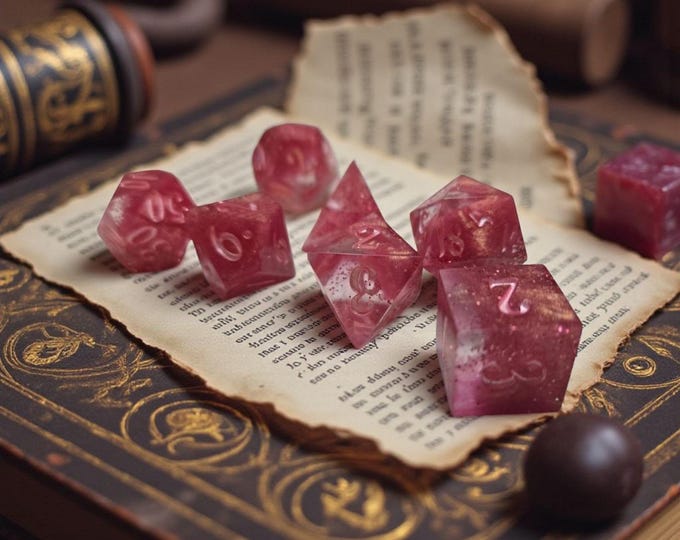 Heart of the Veil RPG Dice Set - Pink Glitter Sharp Edge Resin Polyhedral Dice
