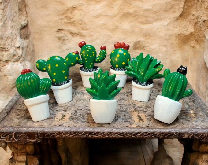 White Potted Cactus, Magnet set of 7